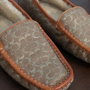 Gold and Tan Leather Shearling Coach Slippers